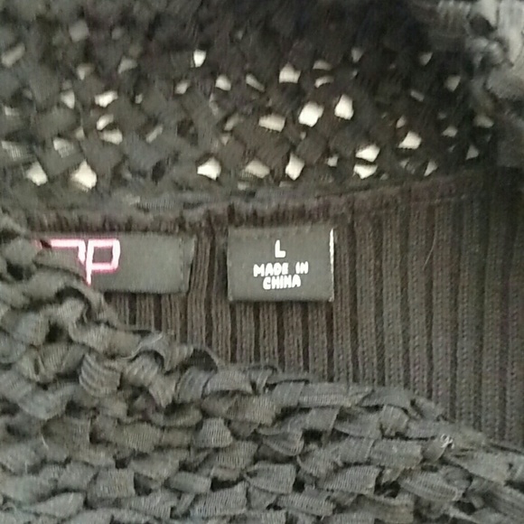 POPulation Black Ribbed Knit Sweater with Attached Fringed Scarf Collar Size L - Picture 5 of 7